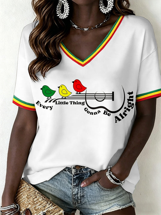 T-shirt à col en V pour femmes, musique reggae