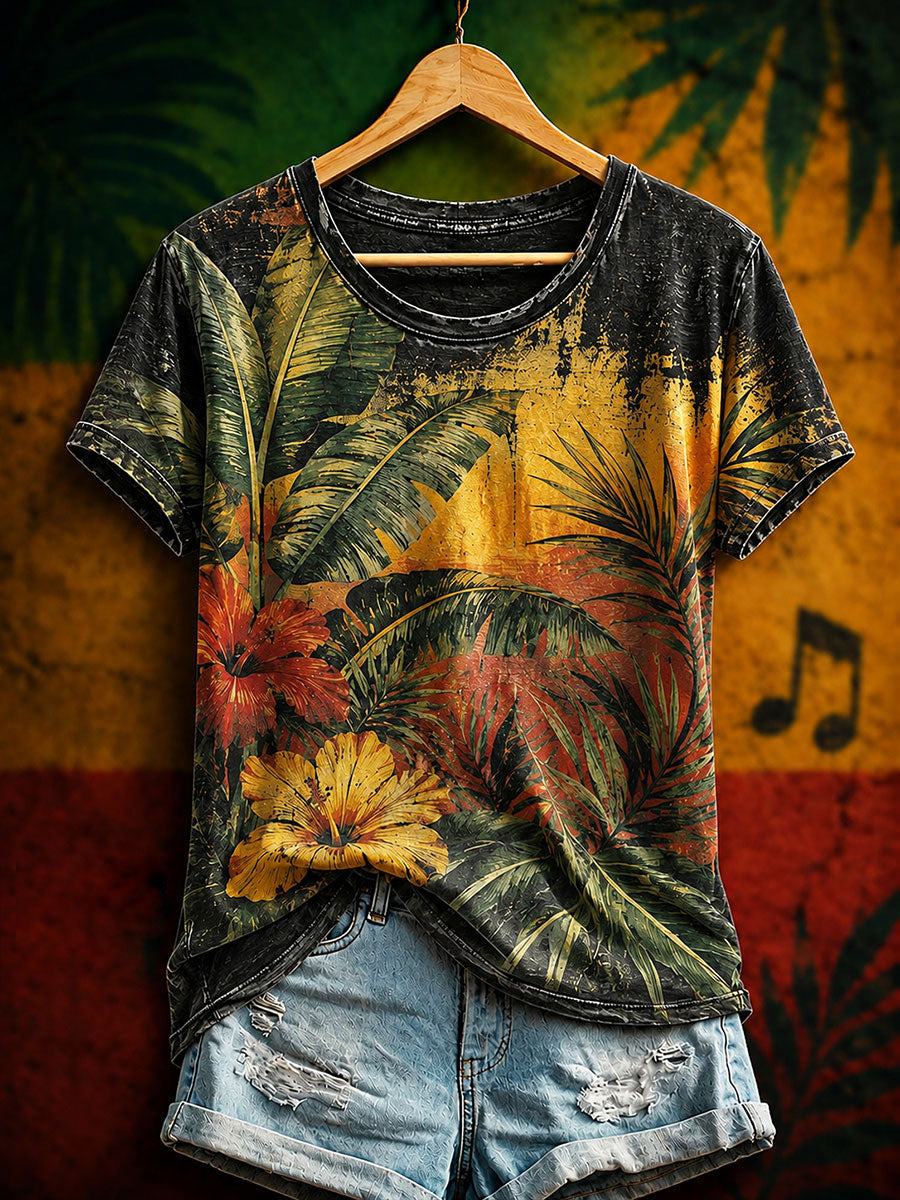 T-shirt décontracté à impression artistique reggae pour femme