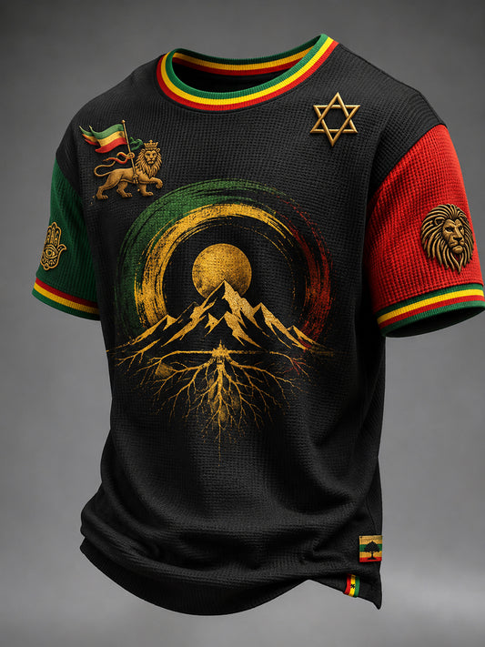T-shirt décontracté rétro reggae en patchwork, tissé en gaufre