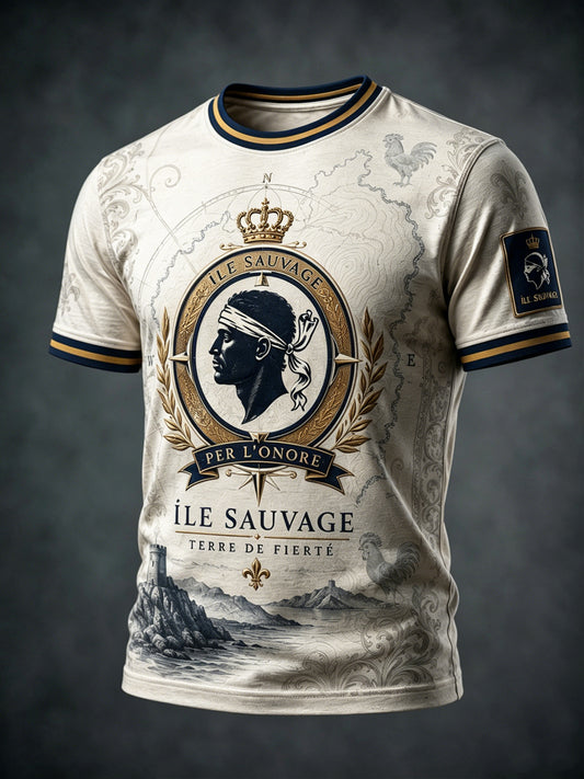 T-shirt décontracté avec illustration d’une carte de la Corse au style vintage vieilli