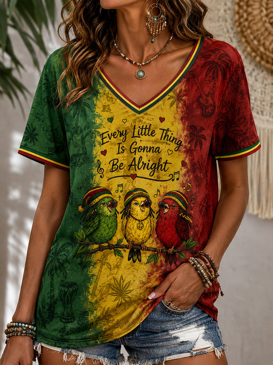 Fun Reggae-Style Colorful T-shirt à col en V décontracté pour femmes