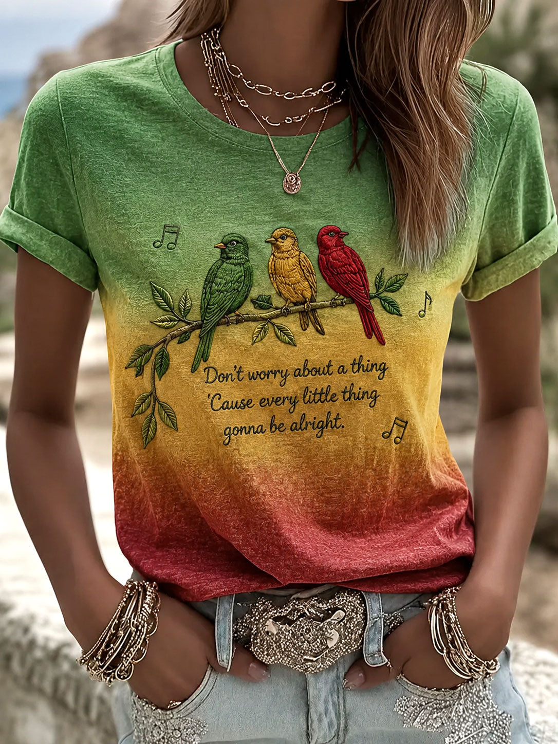T-shirt décontracté imprimé pour femme « Every Little Thing Is Gonna Be Alright »