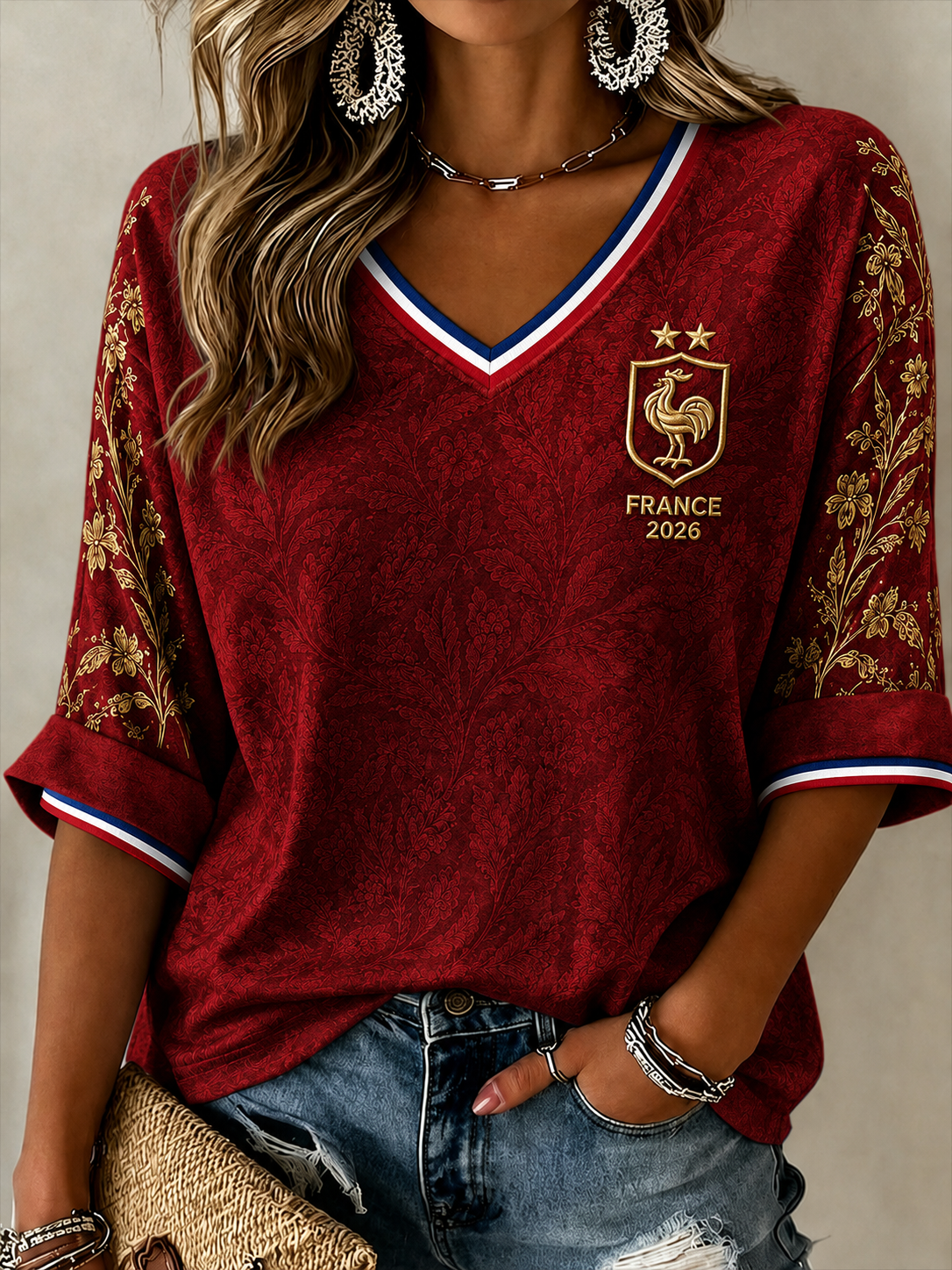 Chemise en lin à col V pour femme, motif France Football
