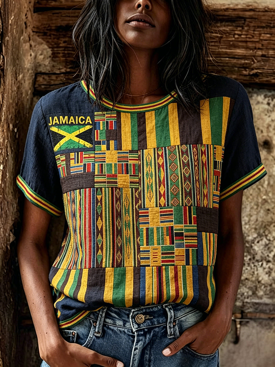 T-shirt à manches courtes en lin imprimé jamaica flag kente pour femme