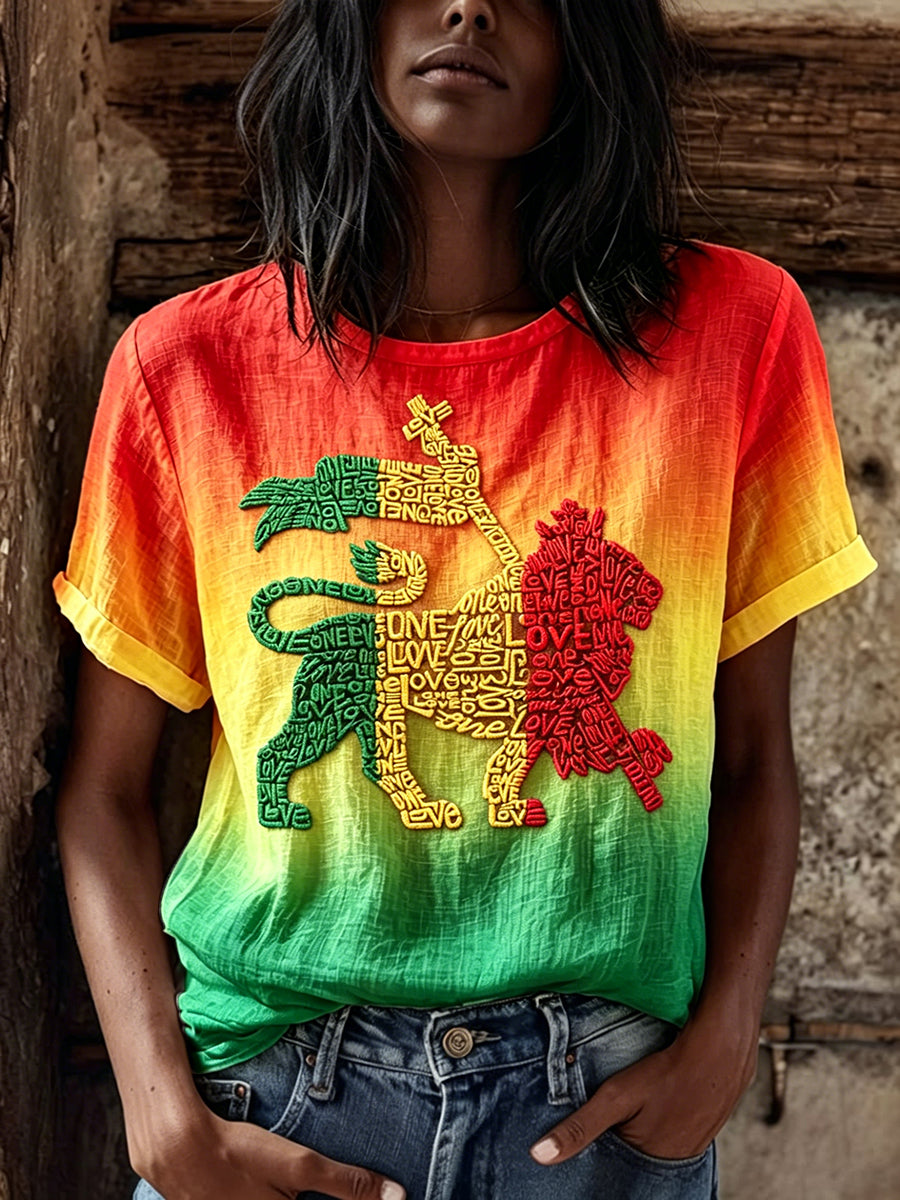 T-shirt à manches courtes en lin dégradé de couleur Rasta Reggae Lion pour femme