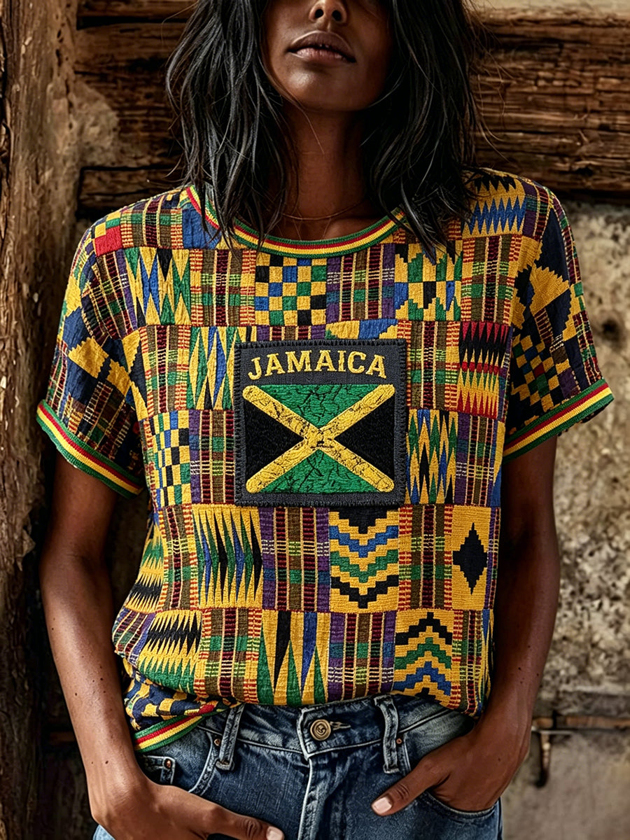 T-shirt à manches courtes en lin à imprimé patchwork Kente pour femme