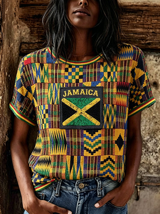 T-shirt à manches courtes en lin à imprimé patchwork Kente pour femme