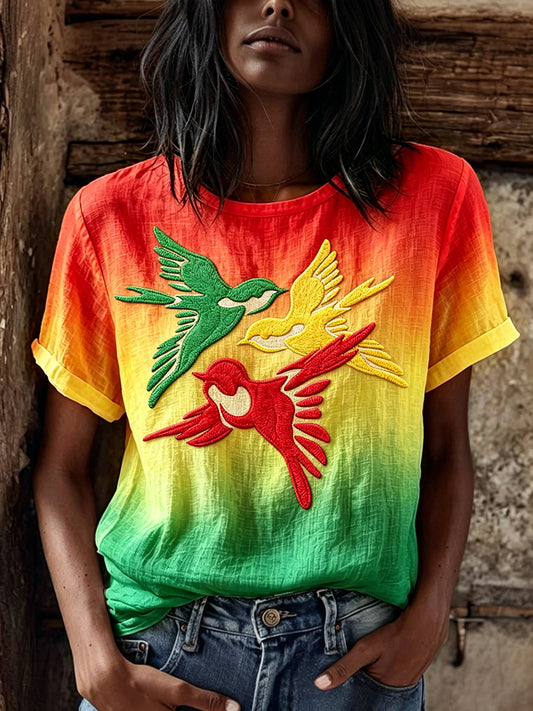T-shirt femme en lin à manches courtes, imprimé oiseaux reggae, dégradé de couleurs rasta