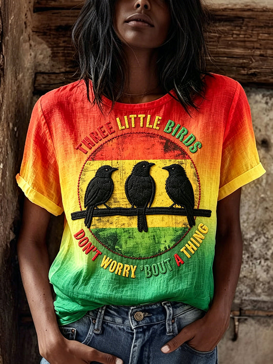 Reggae Birds Print Rasta T-shirt Femme à manches courtes en lin dégradé de couleur