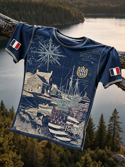 T-shirt décontracté vintage pour homme à imprimé marin bleu