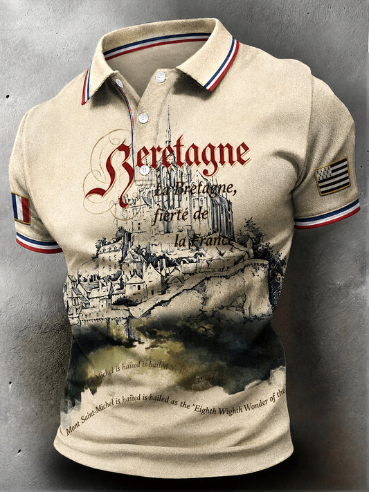 Polo décontracté pour homme, imprimé vintage de la Bretagne française et du Mont-Saint-Michel