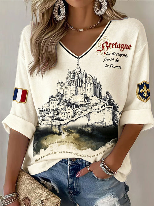 T-shirt décontracté à col en V pour femme, style rétro, blanc cassé, imprimé de la Bretagne française et du Mont-Saint-Michel