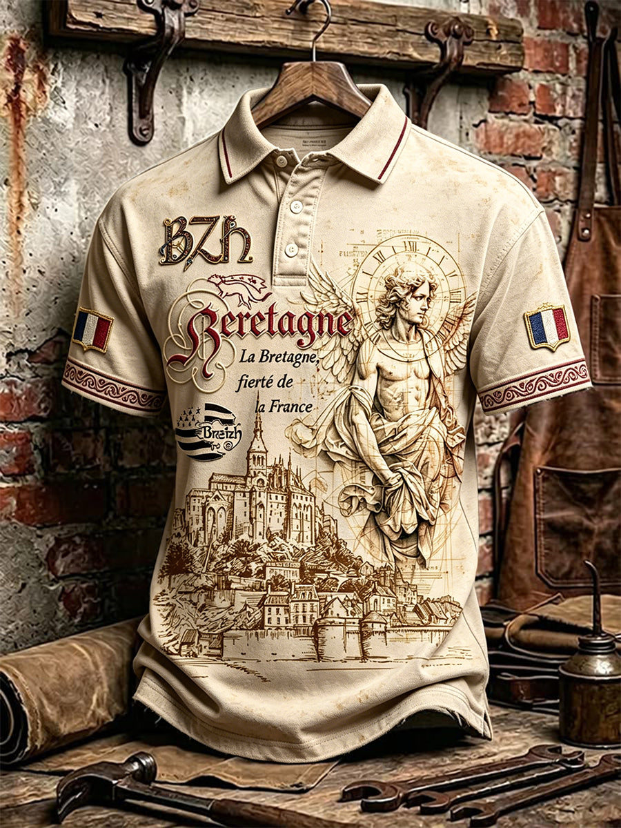 Polo décontracté vintage pour homme, imprimé de saint Michel archange, style breton français