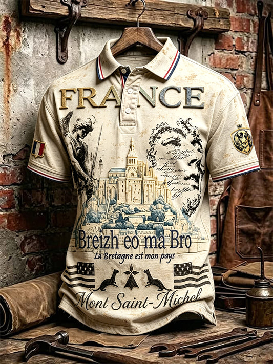 Polo décontracté pour homme, style rétro blanc cassé, imprimé de la Bretagne française et de saint Michel Archange