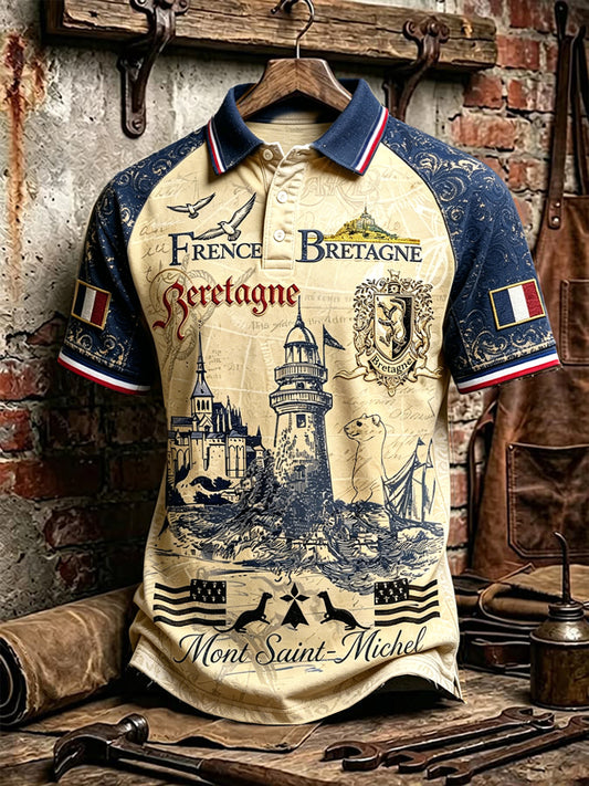 Polo décontracté vintage pour homme, à épaules tombantes, imprimé marin breton