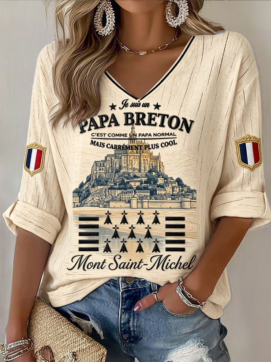 T-shirt décontracté à col en V pour femme, style rétro, couleur abricot, imprimé breton français