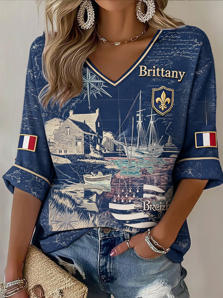T-shirt décontracté à col en V pour femme, style rétro bleu marine avec imprimé marin français
