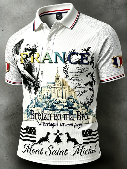 Polo décontracté blanc pour homme, imprimé Saint-Michel-du-Mont-Saint-Michel, Bretagne, style français