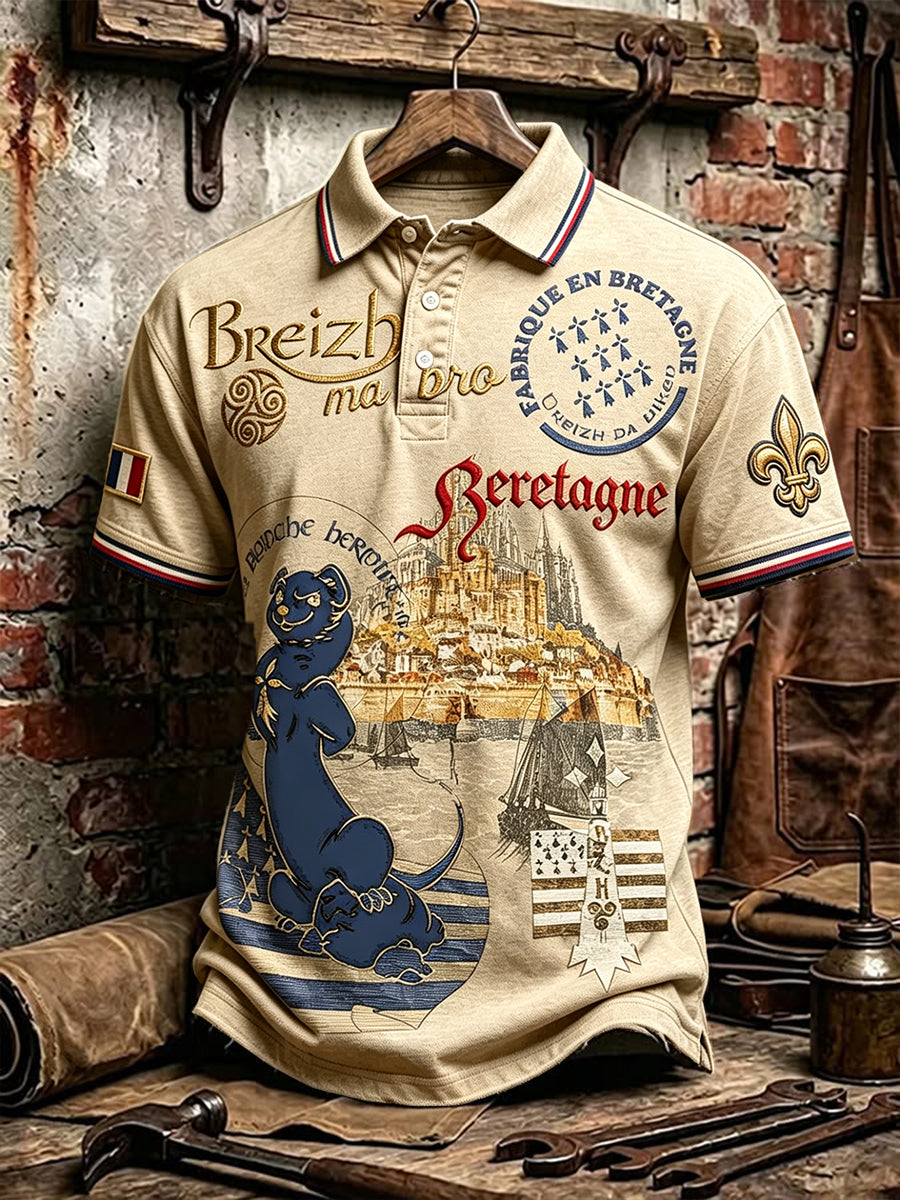 Polo décontracté pour homme à imprimé rétro de Bretagne, France