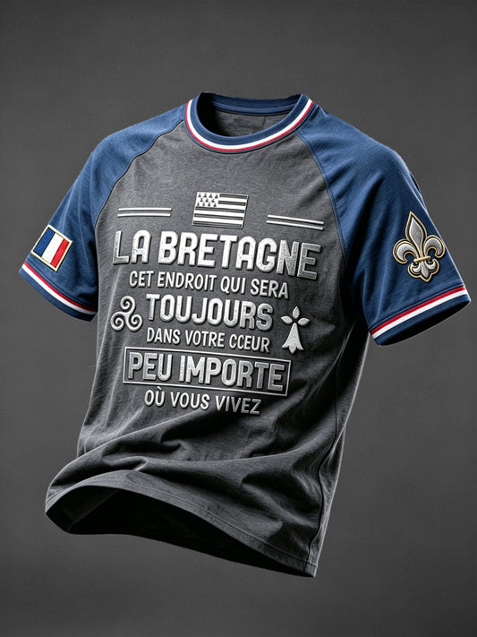 T-shirt décontracté à épaules tombantes pour homme, gris foncé, imprimé marin breton