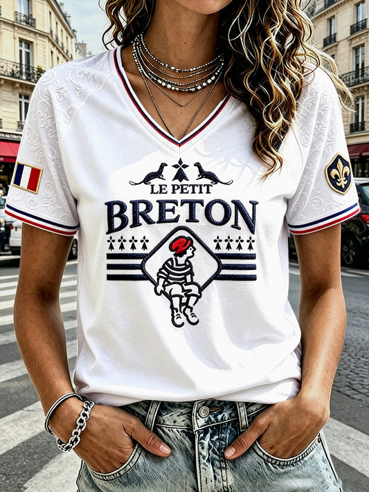 T-shirt blanc à col en V, décontracté, imprimé, de style breton pour femme