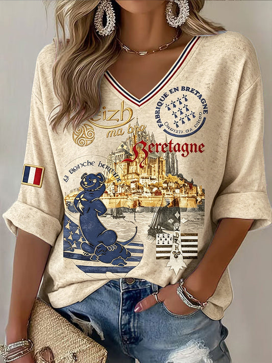 T-shirt décontracté à col en V pour femme, imprimé vintage de la Bretagne française et du Mont-Saint-Michel