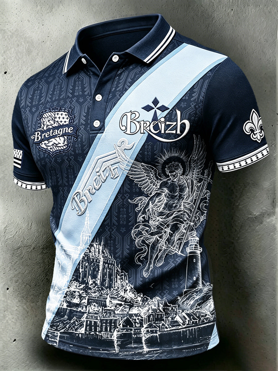 Polo décontracté pour homme, bleu marine, imprimé montagnes de Bretagne et Saint-Michel
