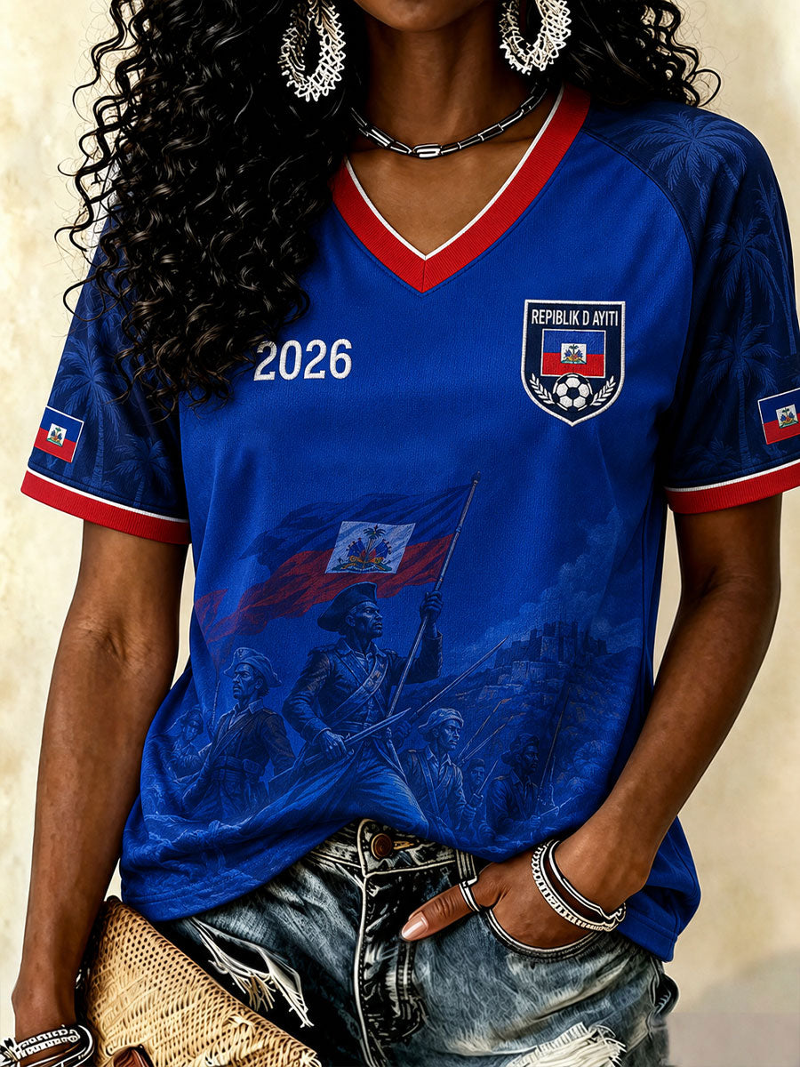 T-shirts à col en V de football pour femmes, Haïti