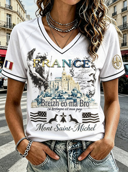 T-shirt Décontracté à Col en V French Mont Saint-Michel Imprimé Femme