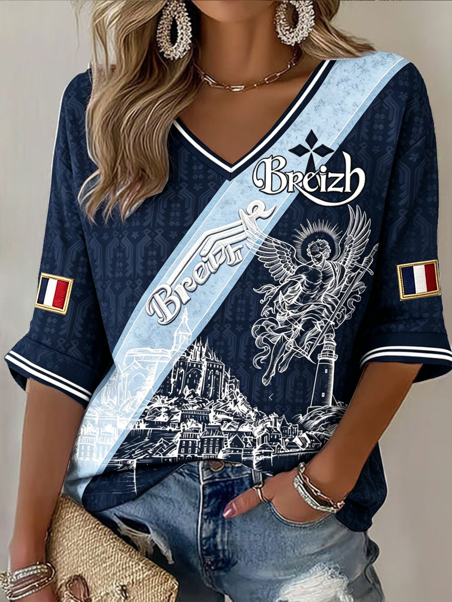 Tee-shirt Femme Bleu Français Bretagne Mont Saint-Michel Col V