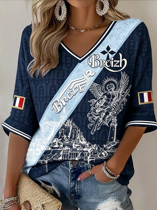 Tee-shirt Femme Bleu Français Bretagne Mont Saint-Michel Col V