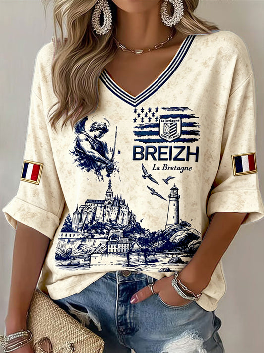 Tee-shirt Femme Blanc Cassé French Brittany Saint-Michel Montagne Imprimée