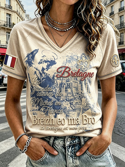 T-shirt Femme Style Vintage Breton Saint-Malo Imprimé Col En V À Goutte D'épaule