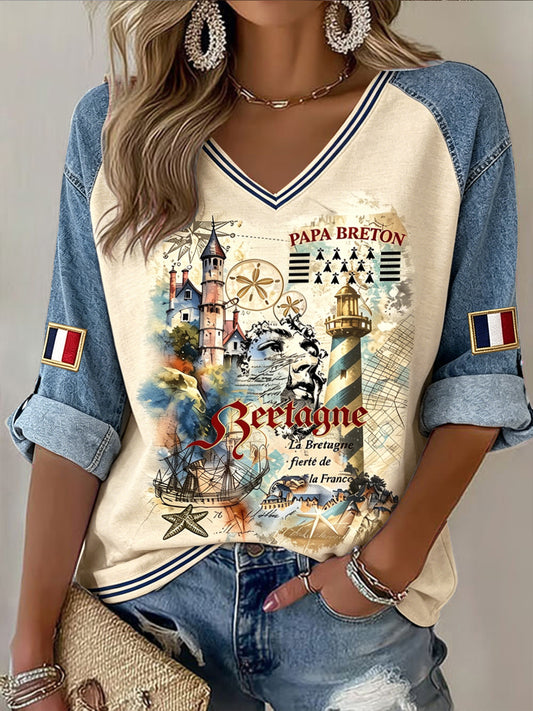 Vintage Français Breton-Style Patchwork Imprimer V-Neck T-Shirt des femmes