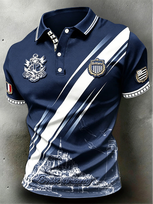 Polo Décontracté Homme Bleu Foncé à Imprimé Breton Français