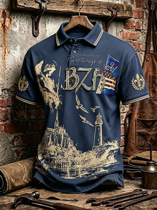 Polo décontracté à manches courtes pour homme, style rétro, imprimé bleu du Mont-Saint-Michel, France