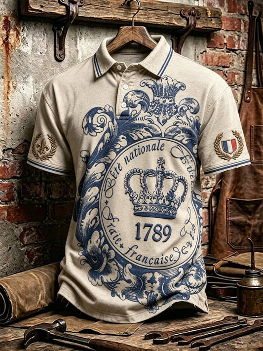Polo décontracté à manches courtes pour homme, imprimé vintage français de la Fête nationale du 14 juillet 1789
