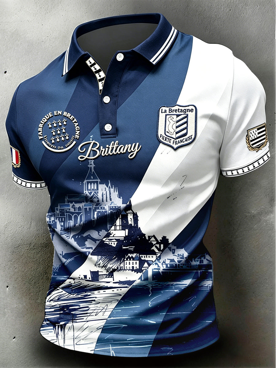 Polo d'affaires décontracté à imprimé patchwork de montagne Saint-Michel de style breton pour hommes