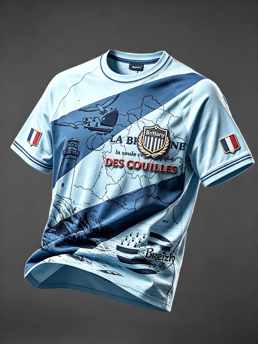 T-shirt décontracté à épaules dénudées avec imprimé français breton bleu clair pour hommes