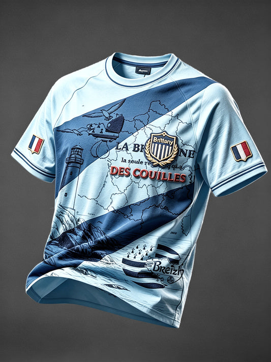 T-shirt décontracté à épaules dénudées avec imprimé français breton bleu clair pour hommes