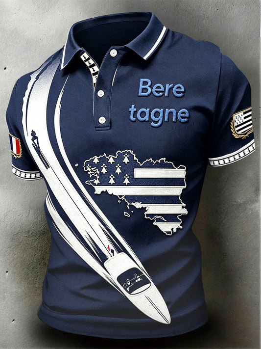 Polo Homme Bleu Foncé Décontracté Français À Imprimé Breton