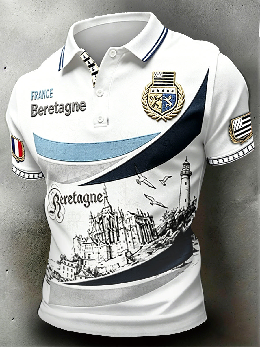 Polo Homme Blanc Imprimé Saint-Michel-du-Mont Style Breton