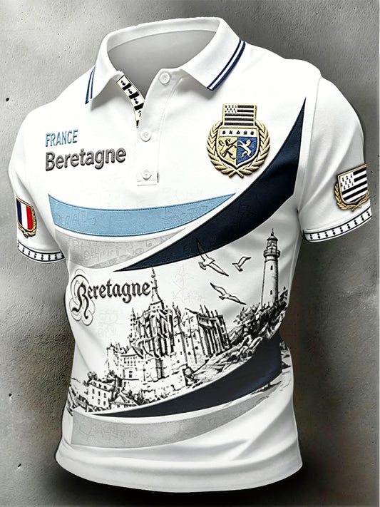 Polo Homme Blanc Imprimé Saint-Michel-du-Mont Style Breton