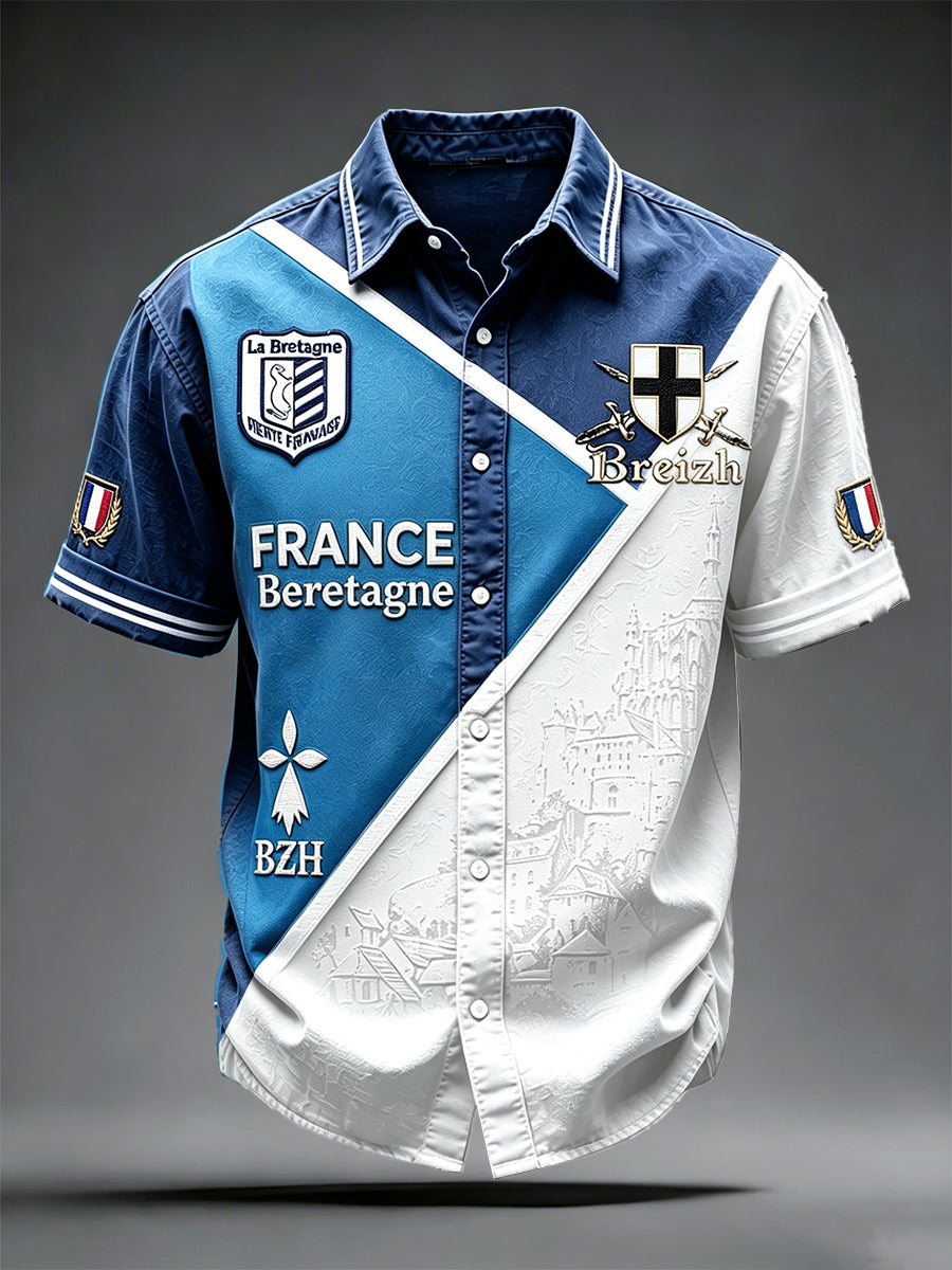 Chemise à manches courtes décontractée à imprimé patchwork français pour hommes
