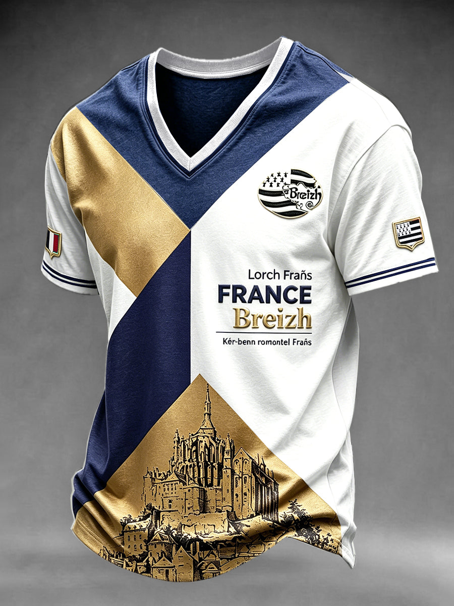 T-shirt décontracté à col en V à imprimé patchwork français pour hommes