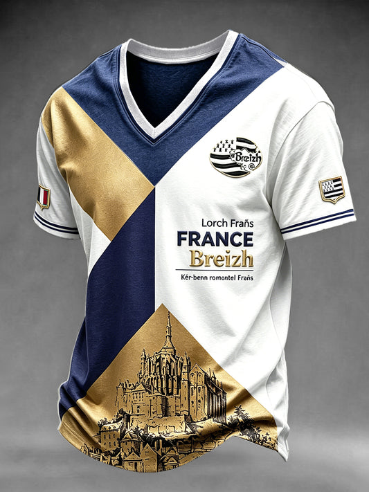 T-shirt décontracté à col en V à imprimé patchwork français pour hommes