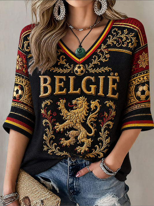T-shirt de football belge pour femme, manches mi-longues, col en V