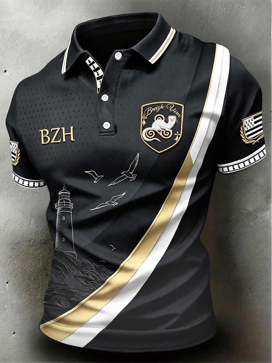 Polo Homme Décontracté Noir Imprimé Bretagne Française