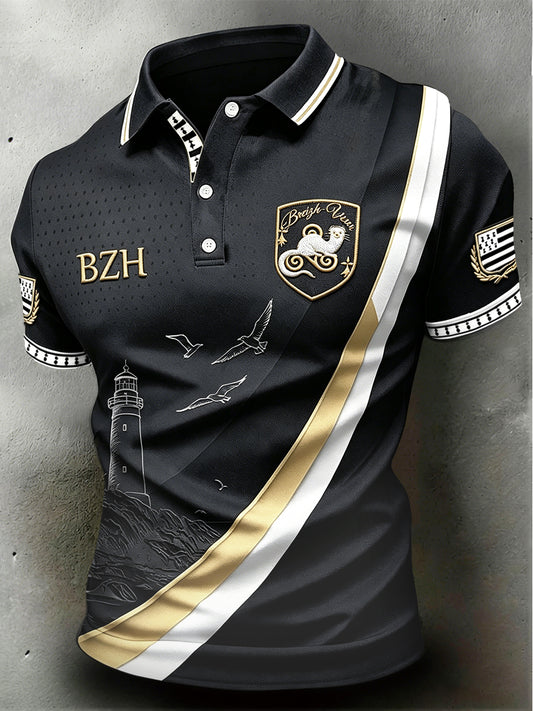 Polo Homme Décontracté Noir Imprimé Bretagne Française