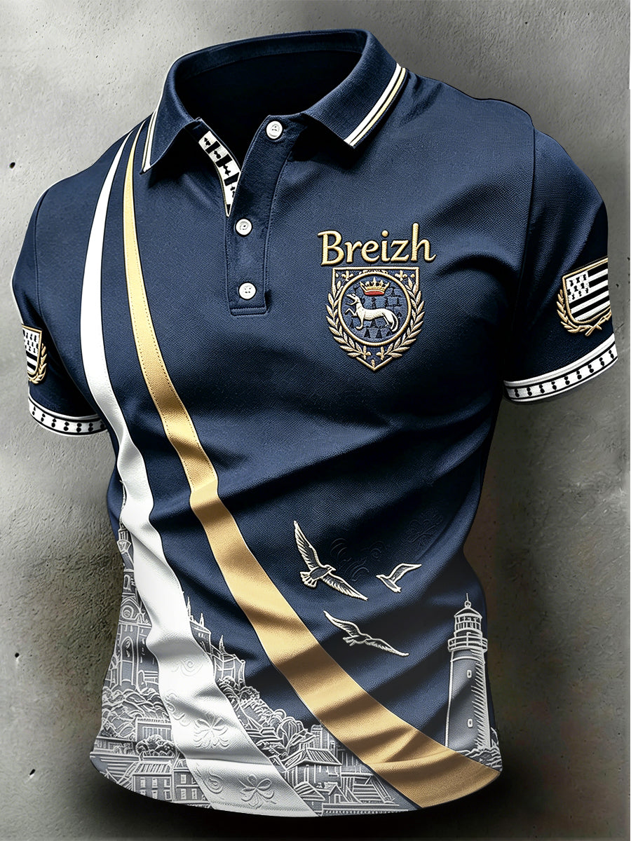 Polo Homme Bleu Foncé Décontracté French Brittany-Print